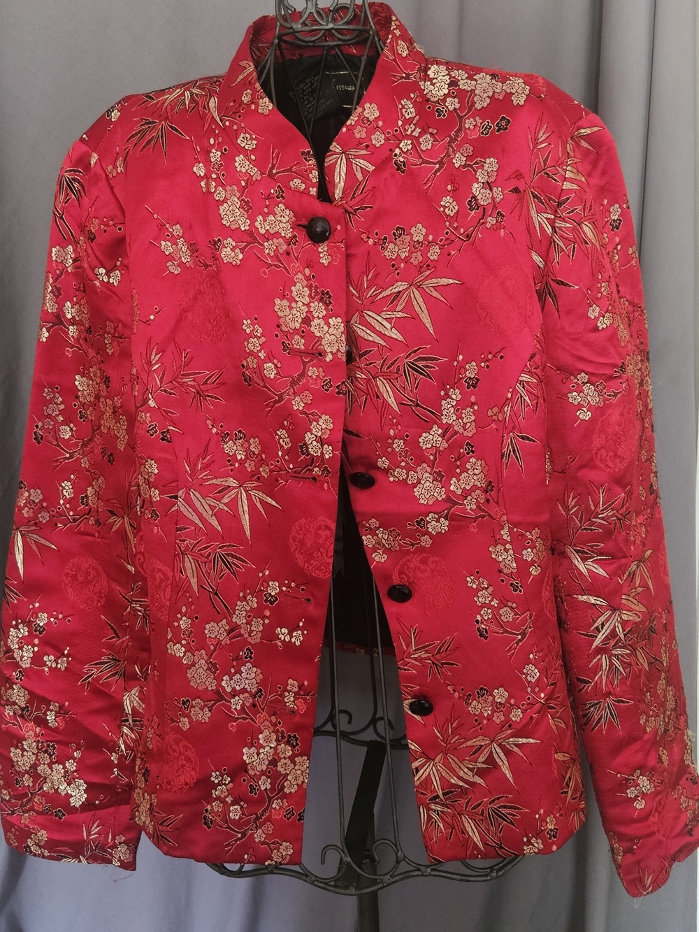 R&K Red Satin Floral Mandarin Collar Jacket